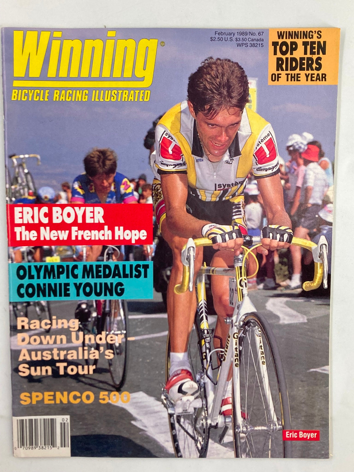 Cover of the magazine VTG Winning Bicycle Racing Illustrated February 1989 No. 67, featuring cyclist Eric Boyer on the front with headlines about top riders, Olympic medalist Connie Young, and more. A vibrant depiction of the cycling culture of the late 1980s.