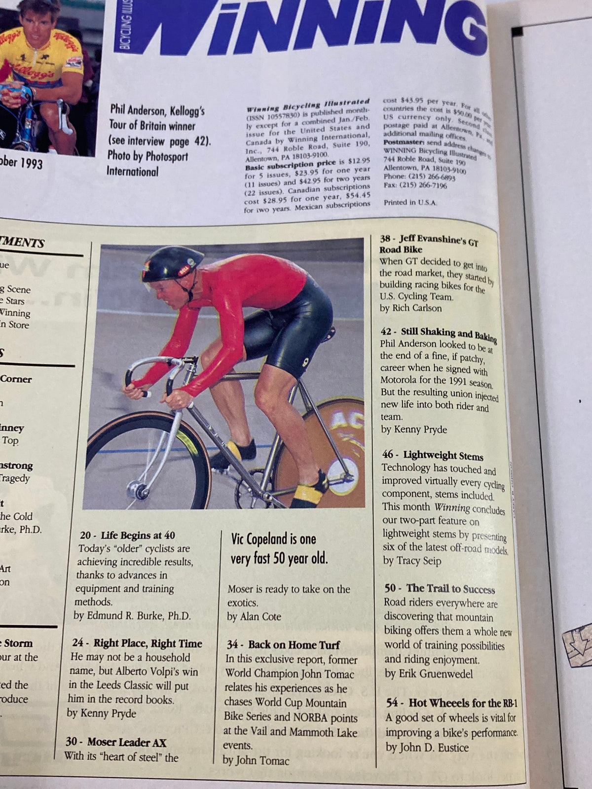 Interior page of Winning Bicycle Racing Illustrated, October 1993 issue #117, displaying content about cycling events, featuring Phil Anderson and various articles related to professional cycling.