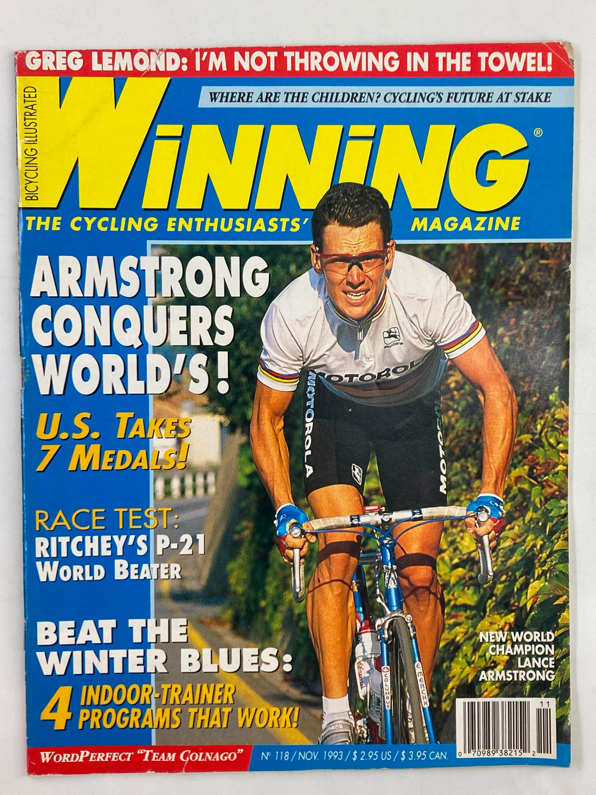 Winning Bicycle Racing Illustrated November 1993 issue featuring Lance Armstrong on the cover, showcasing his achievements in cycling, with vibrant colors and dynamic imagery.