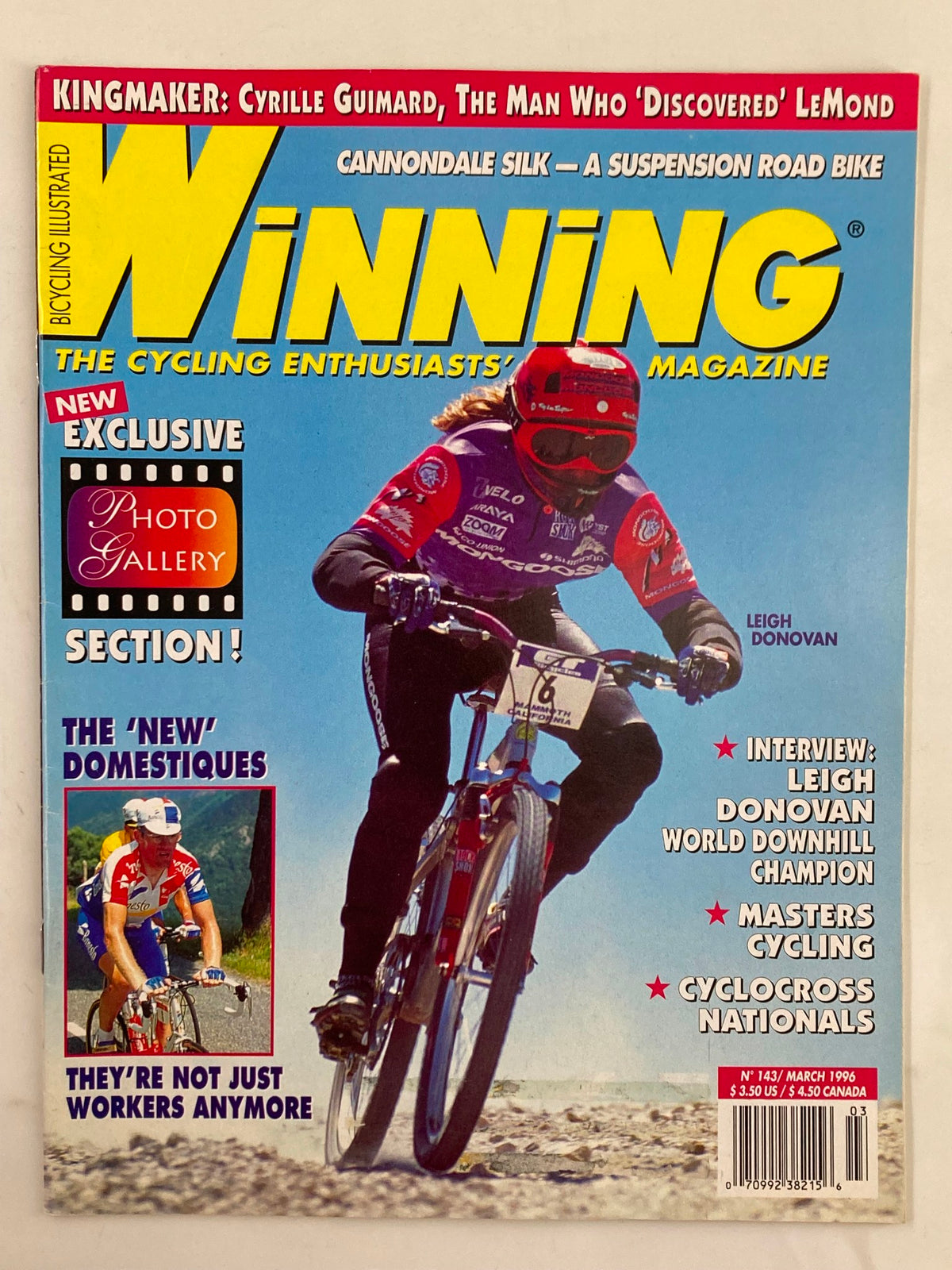 Winning Bicycle Racing Illustrated March 1996 issue cover featuring cyclist Leigh Donovan in action, highlighting the magazine's focus on cycling techniques and celebrity interviews.