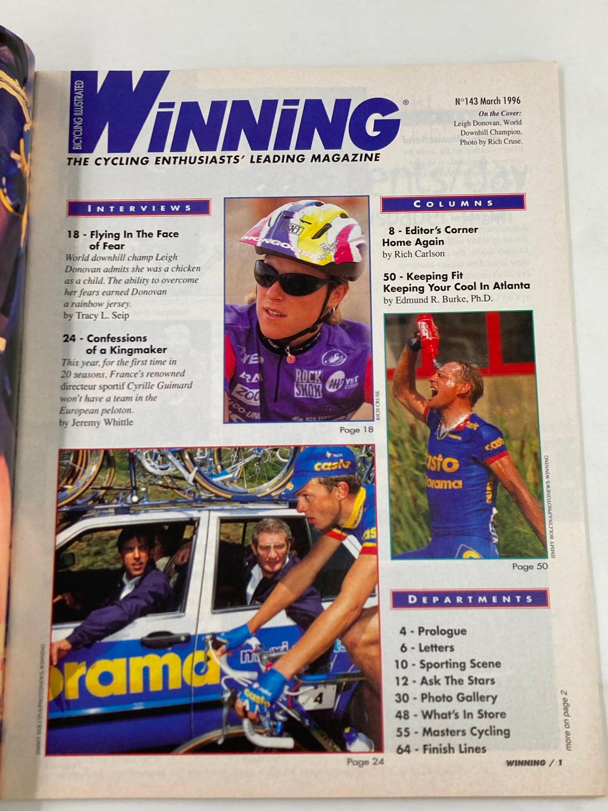 Inside pages of Winning Bicycle Racing Illustrated March 1996 showcasing articles, interviews, and columns featuring Leigh Donovan and other notable figures in cycling.