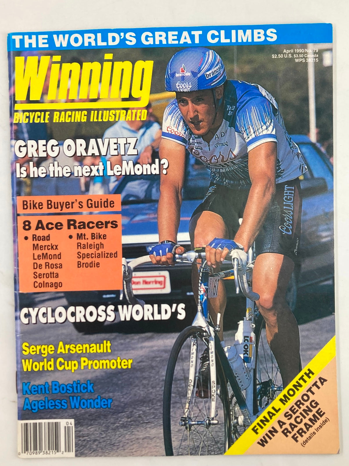 Cover of Winning Bicycle Racing Illustrated April 1990 #79 featuring cyclist Greg Ovavetz, highlighting articles on bicycle racing and techniques.