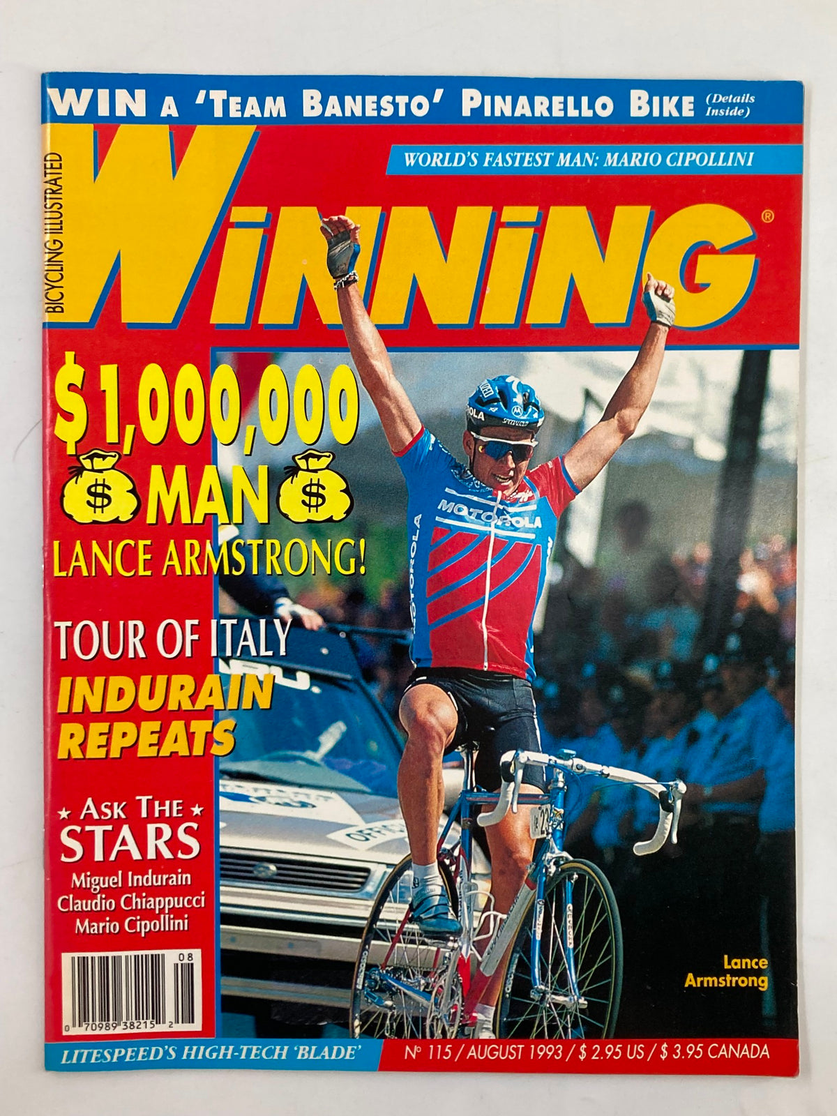 Winning Bicycle Racing Illustrated August 1993 #115 cover featuring Lance Armstrong celebrating his victory, showcasing vibrant colors and text highlighting his accomplishments in cycling.