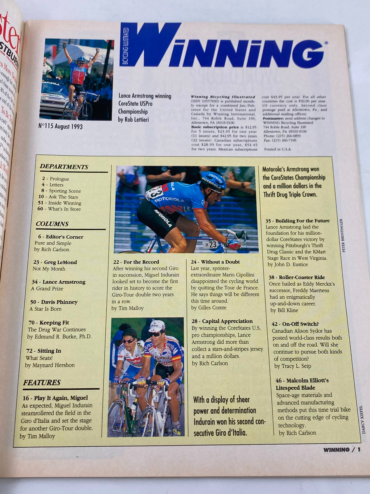 Interior page of Winning Bicycle Racing Illustrated August 1993 #115, detailing articles and features including Lance Armstrong's achievements in professional cycling.