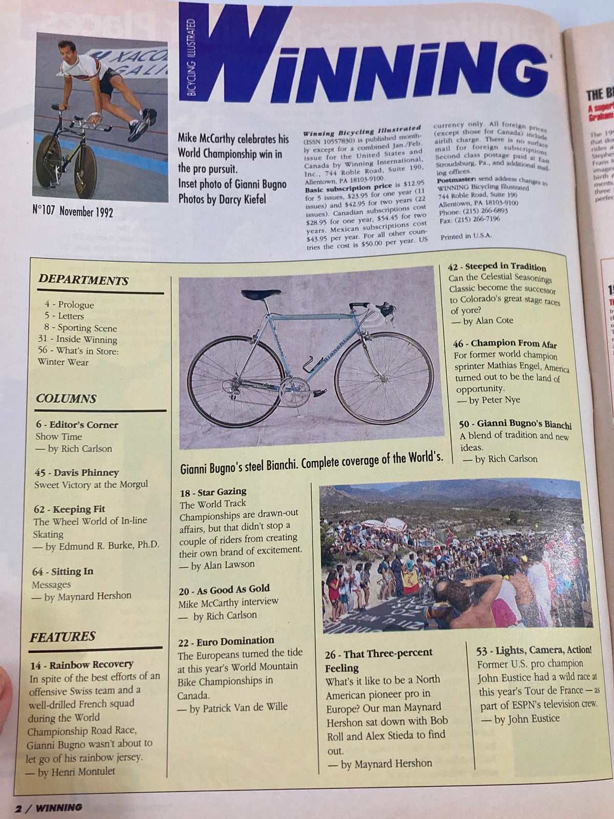 Inside page of the November 1992 Winning Bicycle Racing Illustrated magazine displaying an article about Mike McCarthy celebrating his World Championship win, alongside content on Gianni Bugno and other cycling topics.