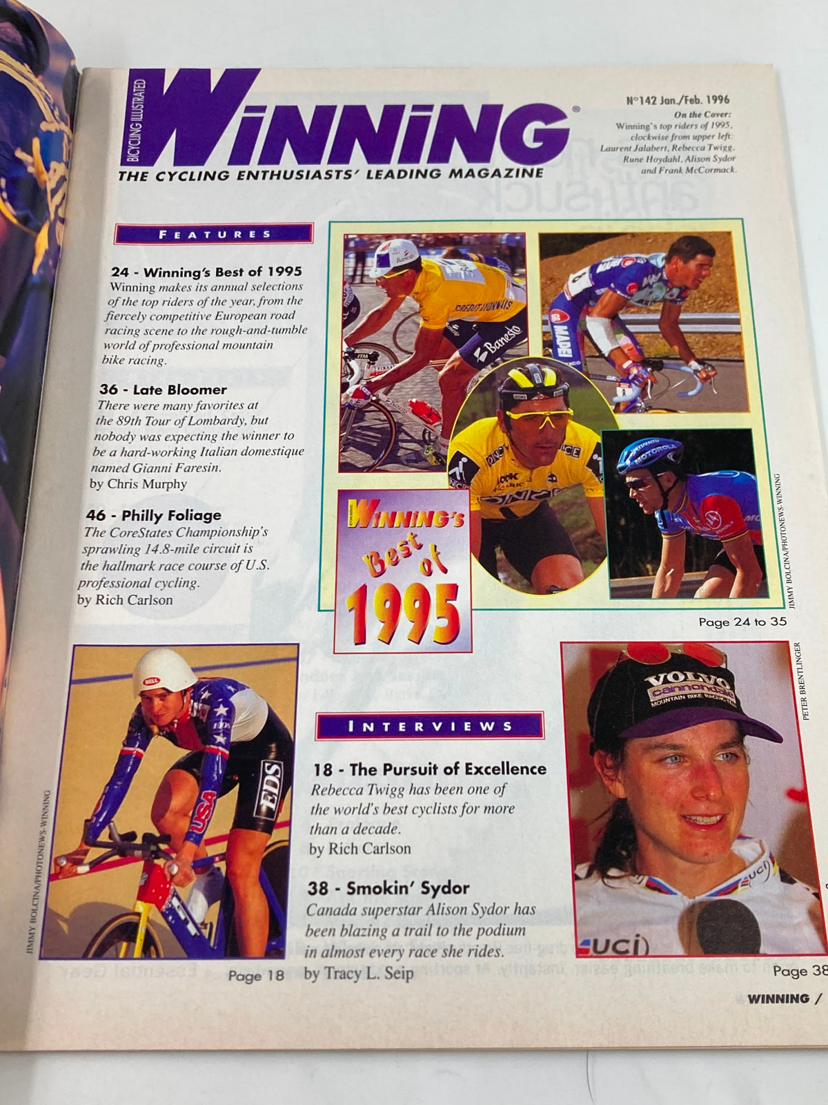 Interior page of Winning Bicycle Racing magazine, January 1996 edition, featuring highlights from cycling's best of 1995 and interviews with top cyclists including Rebecca Twigg and Alison Sydor.