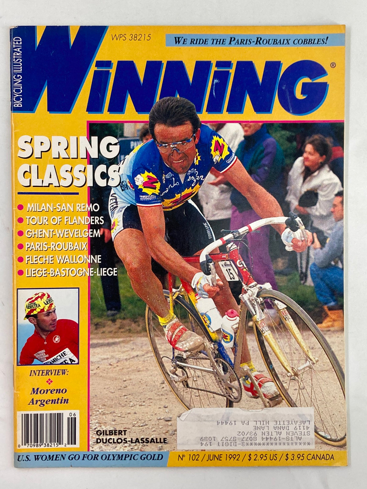 Cover of Winning Bicycle Racing Illustrated June 1992, Issue No. 102 featuring Gilbert Duclos-Lassalle and a cycling theme. The magazine highlights Spring Classics like Milan-San Remo and Paris-Roubaix.