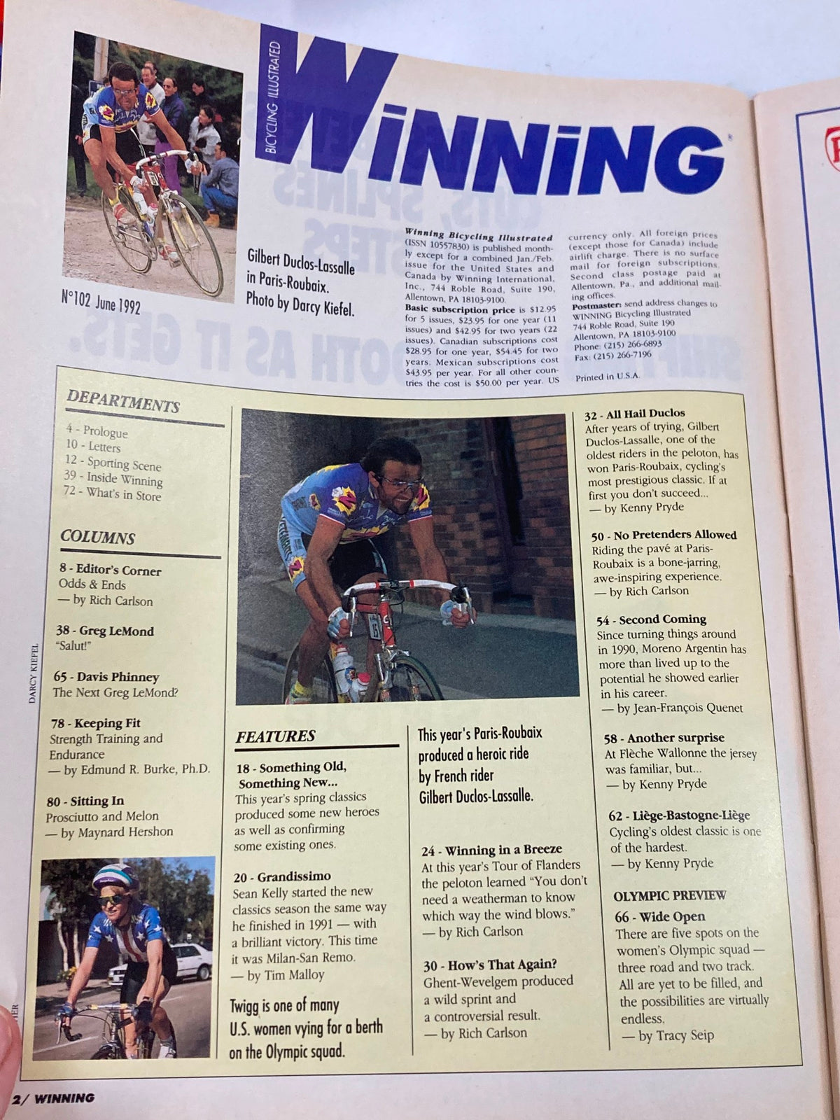 Interior page of Winning Bicycle Racing Illustrated June 1992, Issue No. 102 showcasing content about Gilbert Duclos-Lassalle, Paris-Roubaix race, and articles related to cycling.