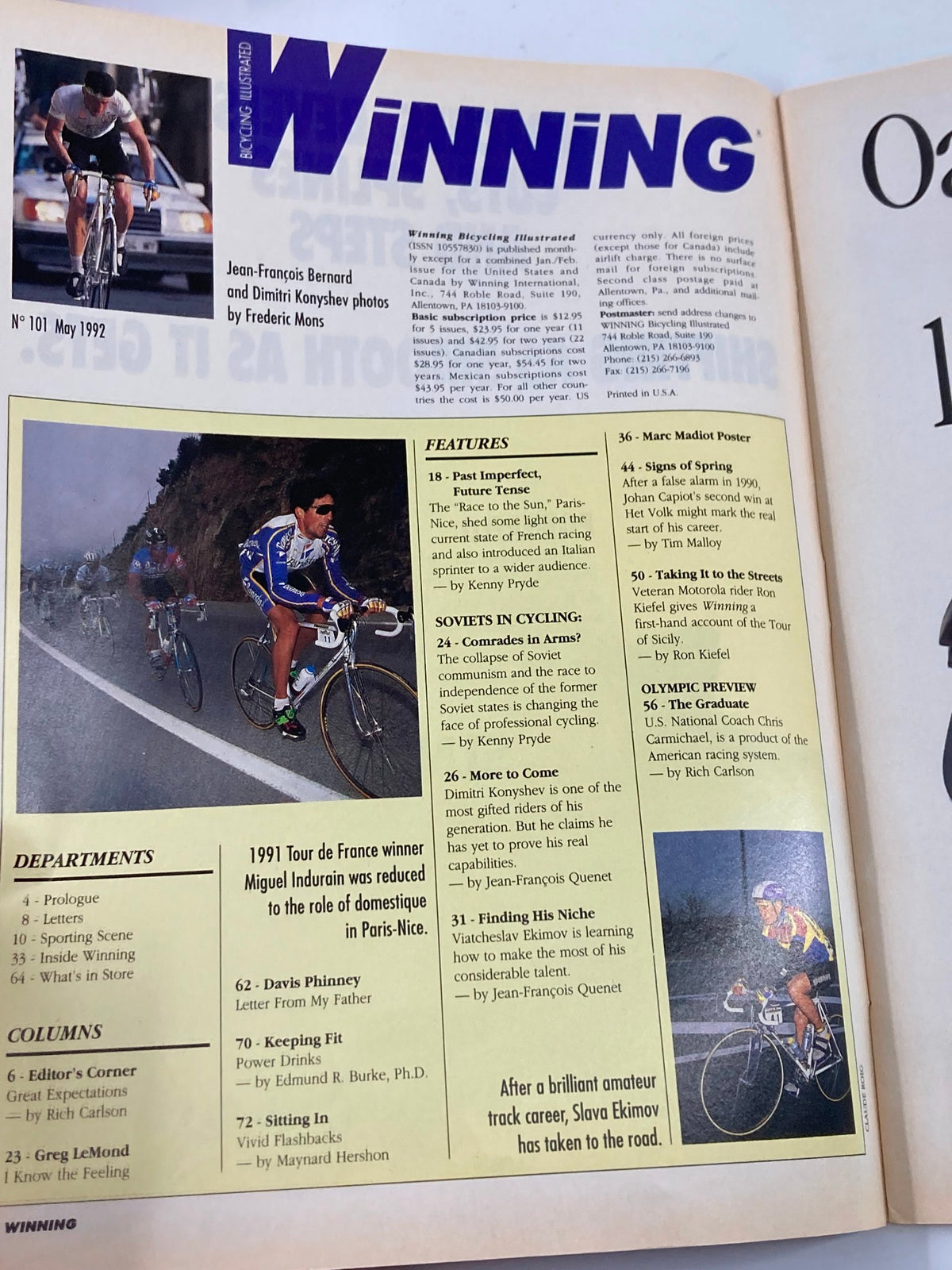 Winning Bicycle Racing Illustrated May 1992 No. 101 cover featuring prominent cycling visuals. Showcases articles on bicycle racing, including features about both Jean-Francois Bernard and other notable cyclists from the era.
