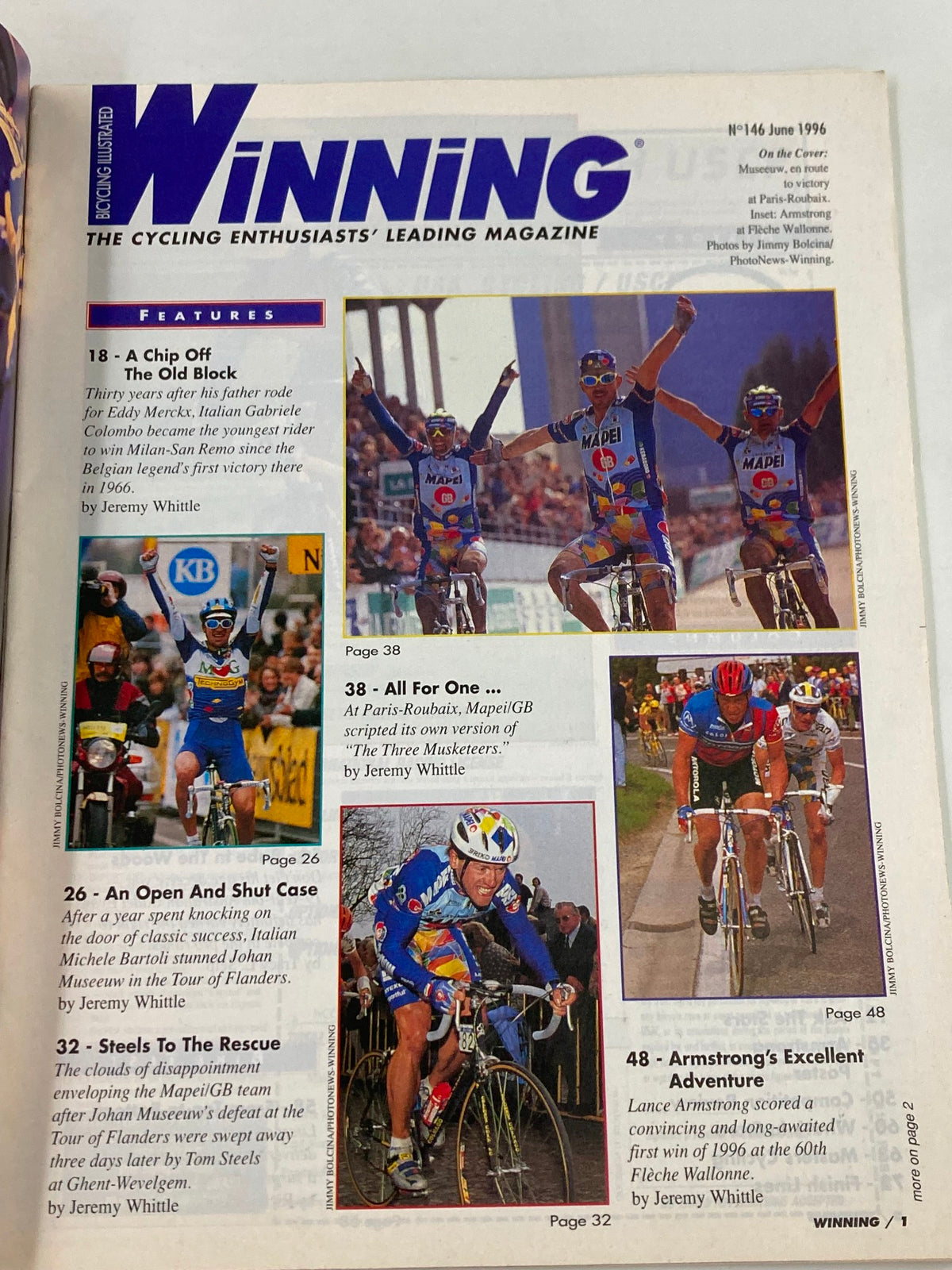 Interior page of Winning Bicycle Racing Illustrated June 1996 No. 146, showcasing features on cycling athletes and events, including articles on Johan Museeuw and Lance Armstrong.