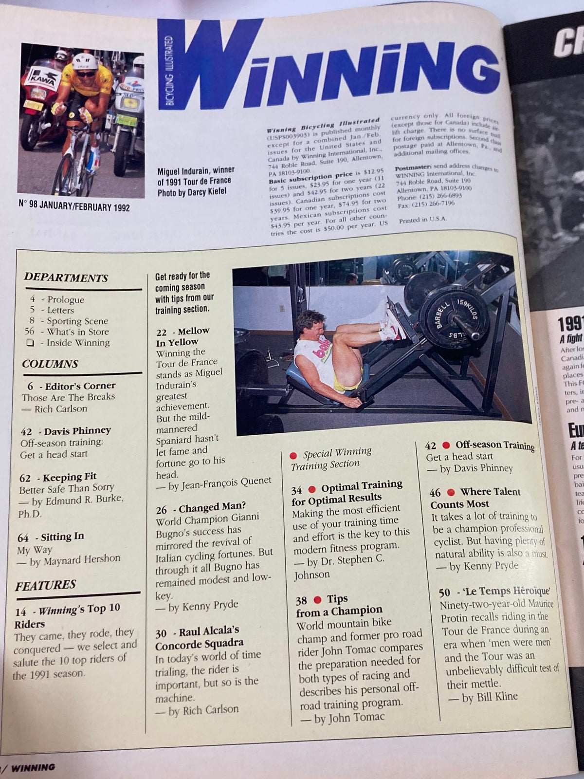 Interior page of Winning Bicycle Racing Illustrated January 1992 No. 98 displaying contents and information about key features, including training advice and profiles of top cyclists.
