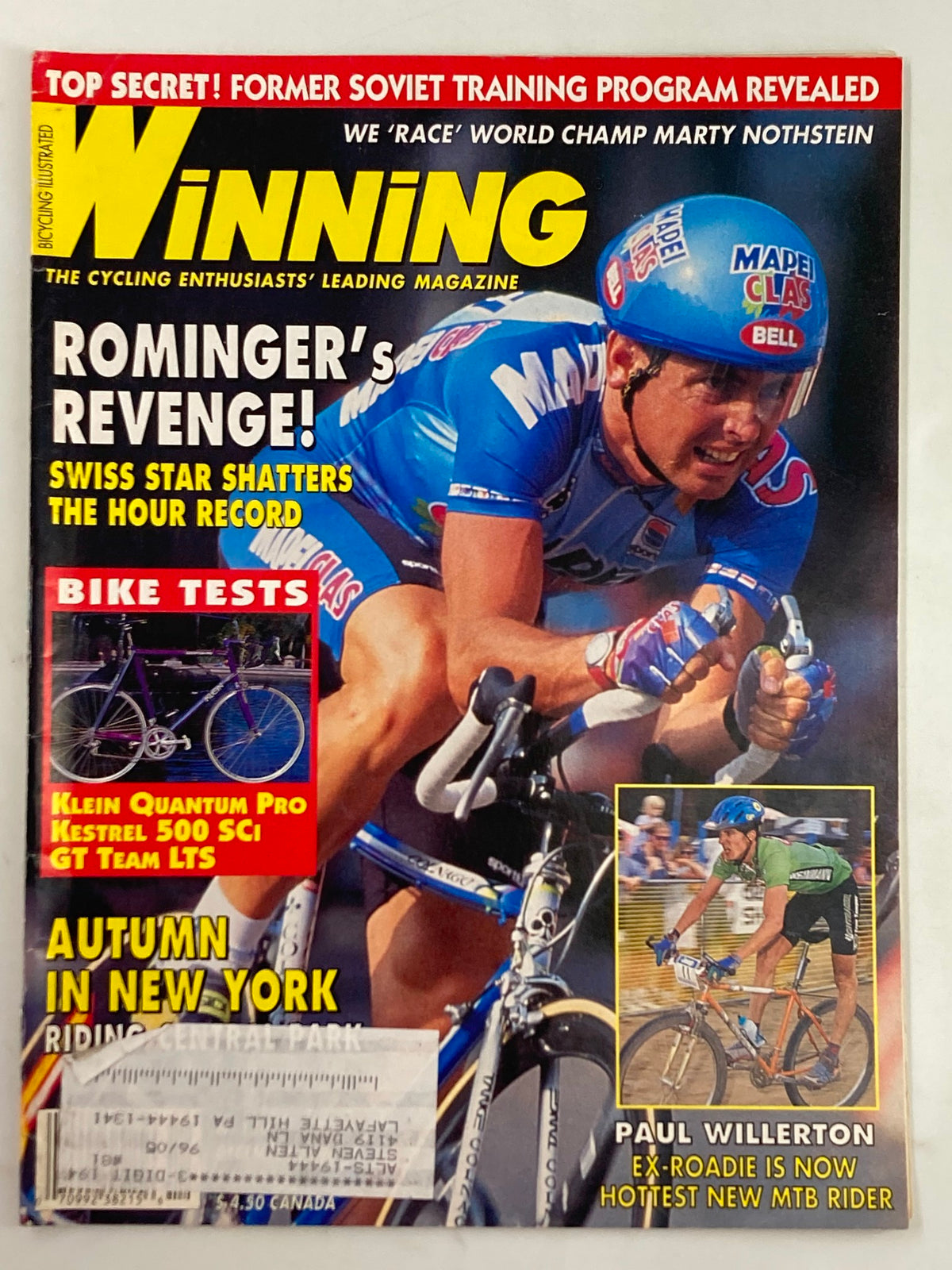 Cover of Winning Bicycle Racing Illustrated December 1994, Issue No. 130 featuring Tony Rominger on a bicycle, with headlines highlighting his achievements and cycling culture.
