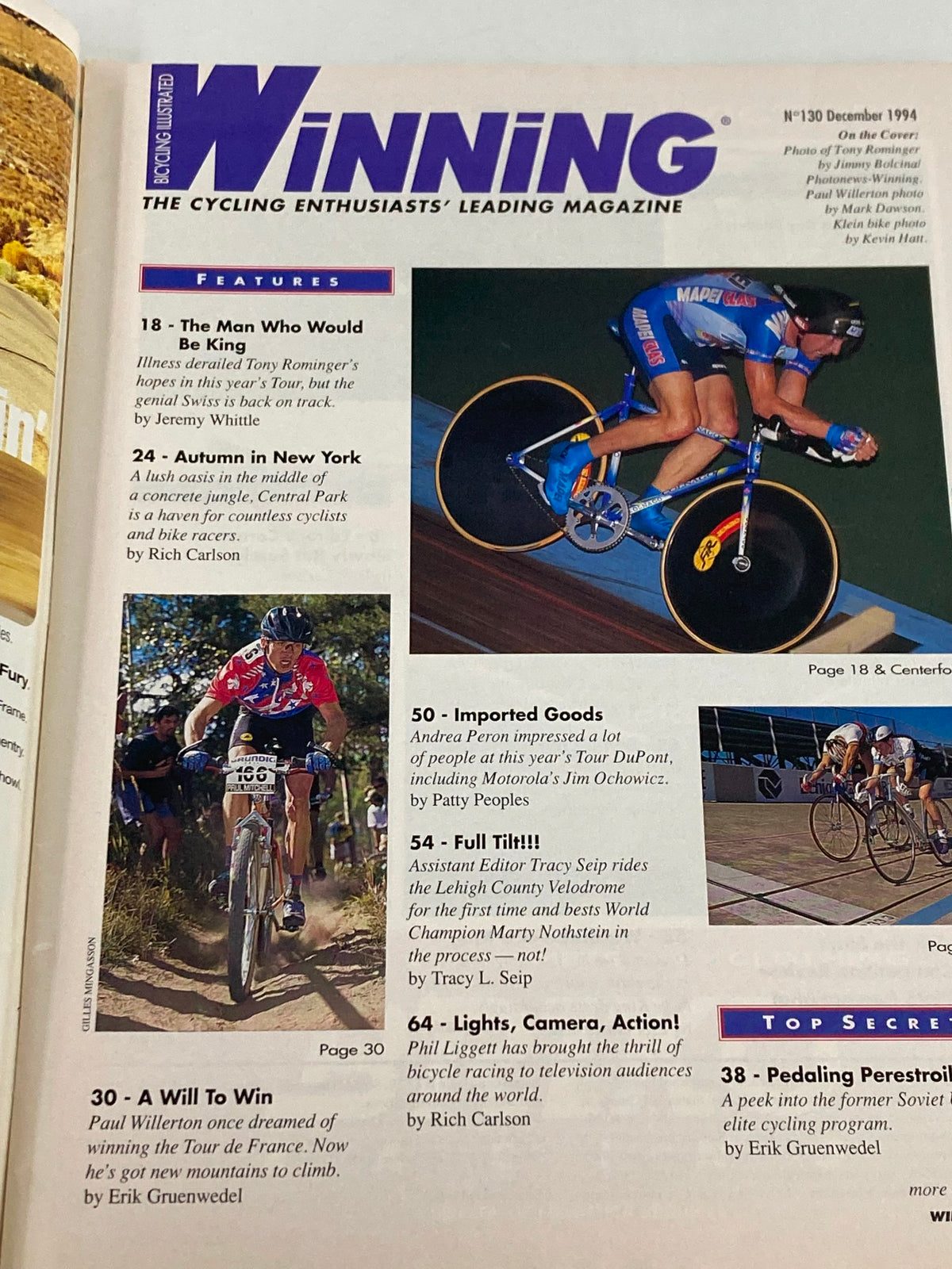 Interior page of Winning Bicycle Racing Illustrated December 1994, Issue No. 130 displaying articles and features, including a photo of Tony Rominger and details on cycling events.