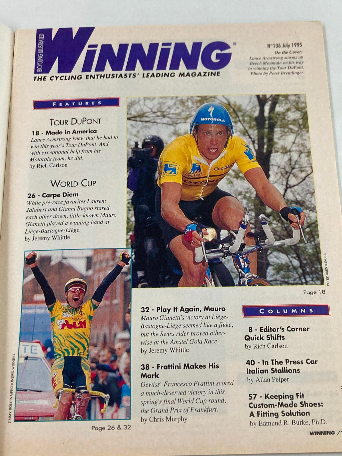 Inside page of Winning Bicycle Racing Illustrated July 1995 No. 136 highlighting the Tour DuPont feature with images of Lance Armstrong, reflecting on his achievements in cycling.