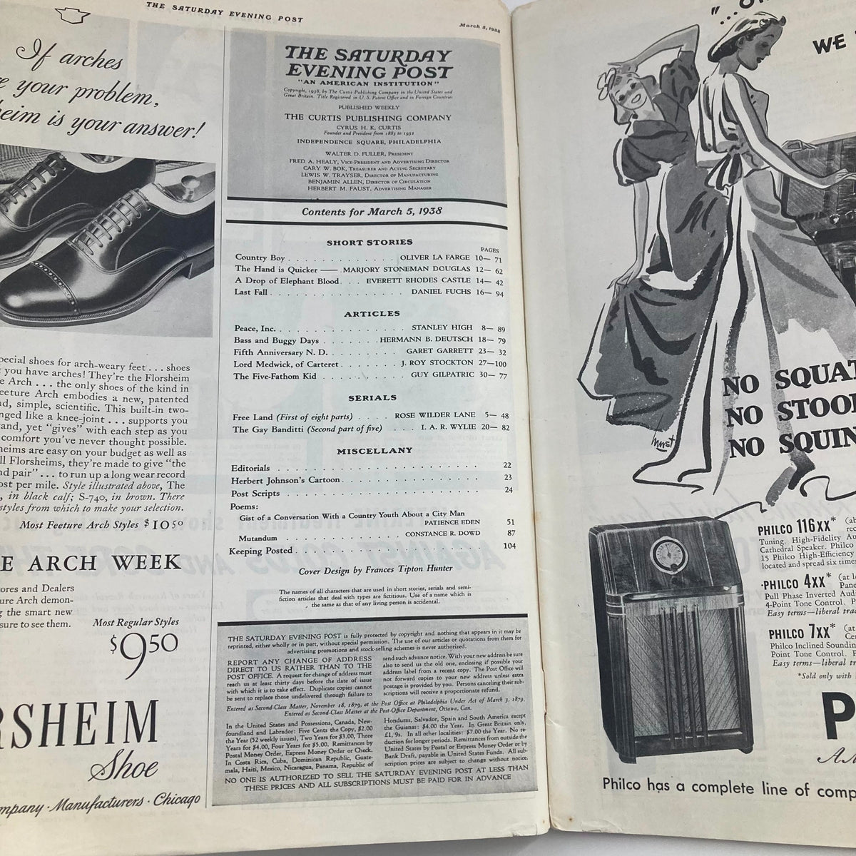 Interior page of The Saturday Evening Post Magazine dated March 5, 1938, showing the table of contents including the article "Free Land" by Rose Wilder Lane and various advertisements.