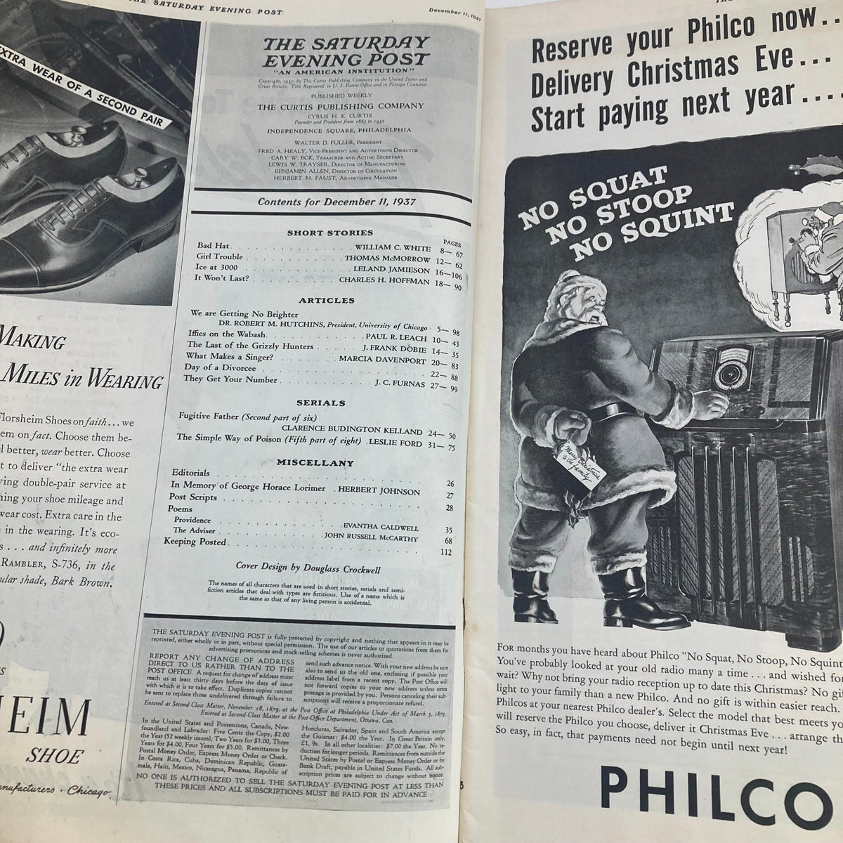 The Saturday Evening Post Magazine December 11 1937 featuring the contents page with articles and advertisements, showcasing historical mid-20th-century Americana.
