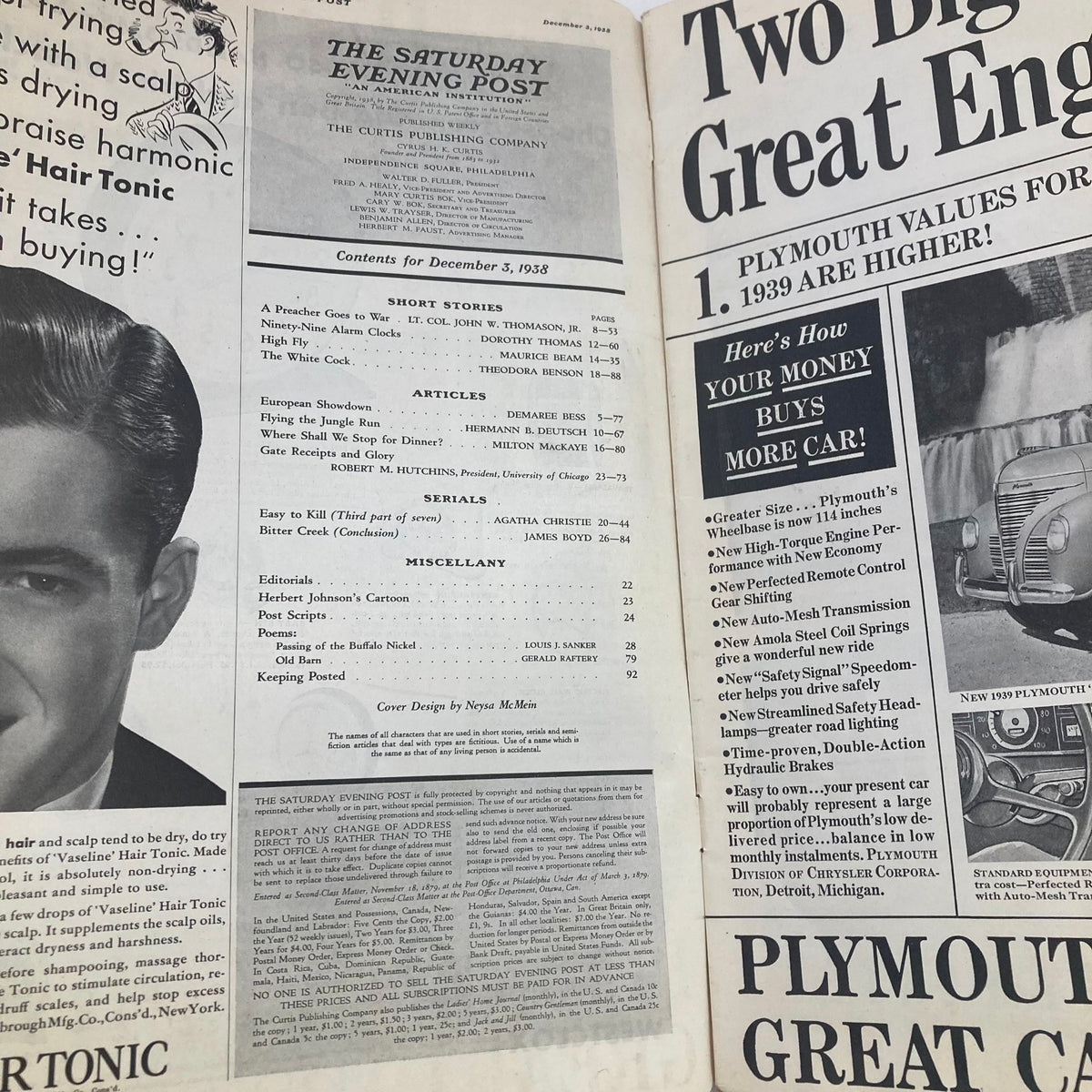 Interior page of The Saturday Evening Post Magazine from December 3, 1938, displaying the table of contents, showcasing various articles, short stories, and advertisements typically found in vintage magazines.
