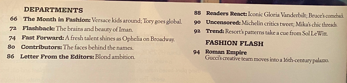 Table of contents from W Magazine October 2009, detailing features on fashion and popular culture, including sections on Versace, Iman, and fashion trends.