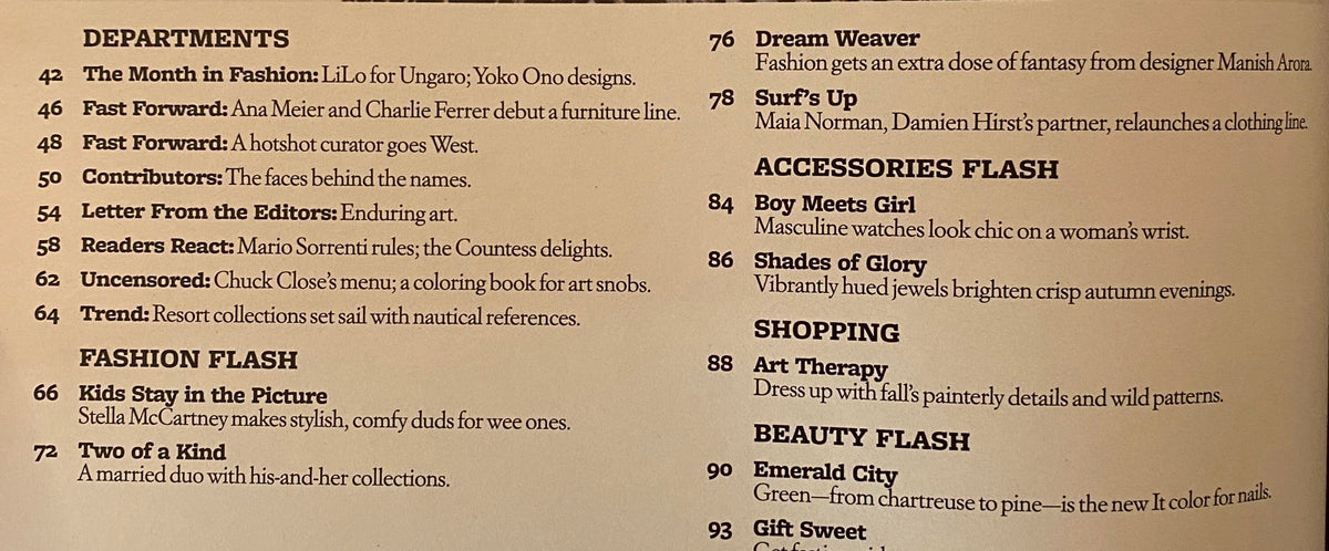 Table of contents page from W Magazine November 2009. Lists departments and features such as The Month in Fashion, Fashion Flash, and Art Therapy.