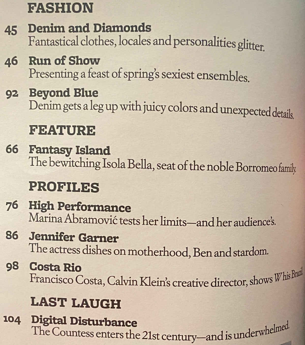 Table of contents from W Magazine January 2010, listing articles including 'Denim and Diamonds' and a feature on Jennifer Garner.