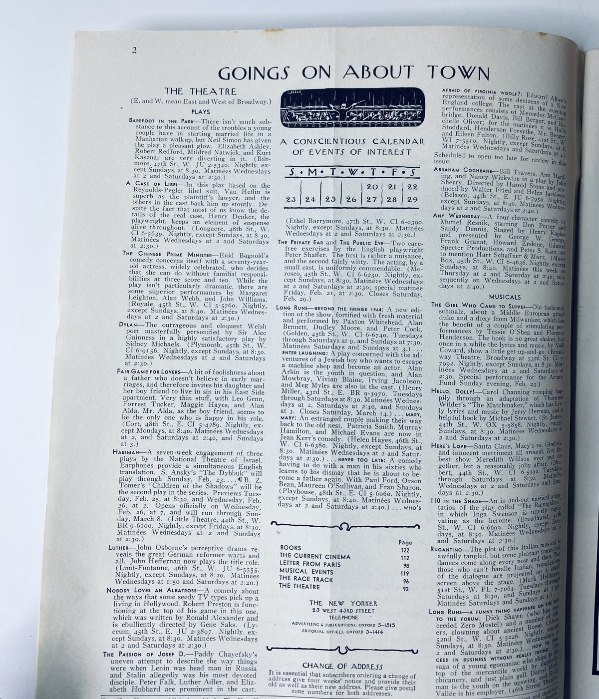 Interior page of The New Yorker Magazine from February 22, 1964, detailing events in the theatre and cultural happenings in New York.