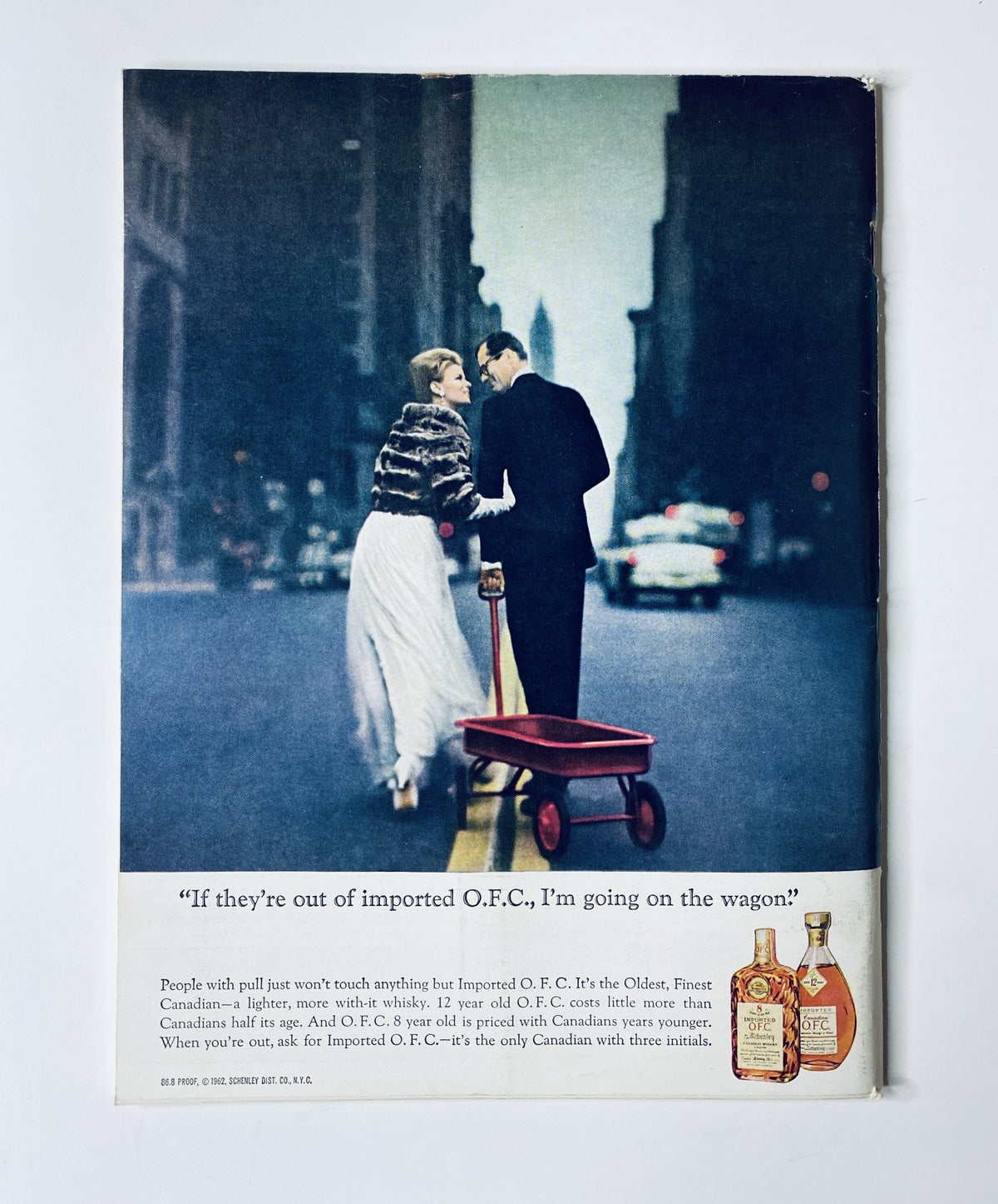 Vintage advertisement showcasing a couple with a red wagon, promoting imported O.F.C. whiskey. The New Yorker Magazine April 11, 1964 Arthur Getz City Construction Crane Cover.