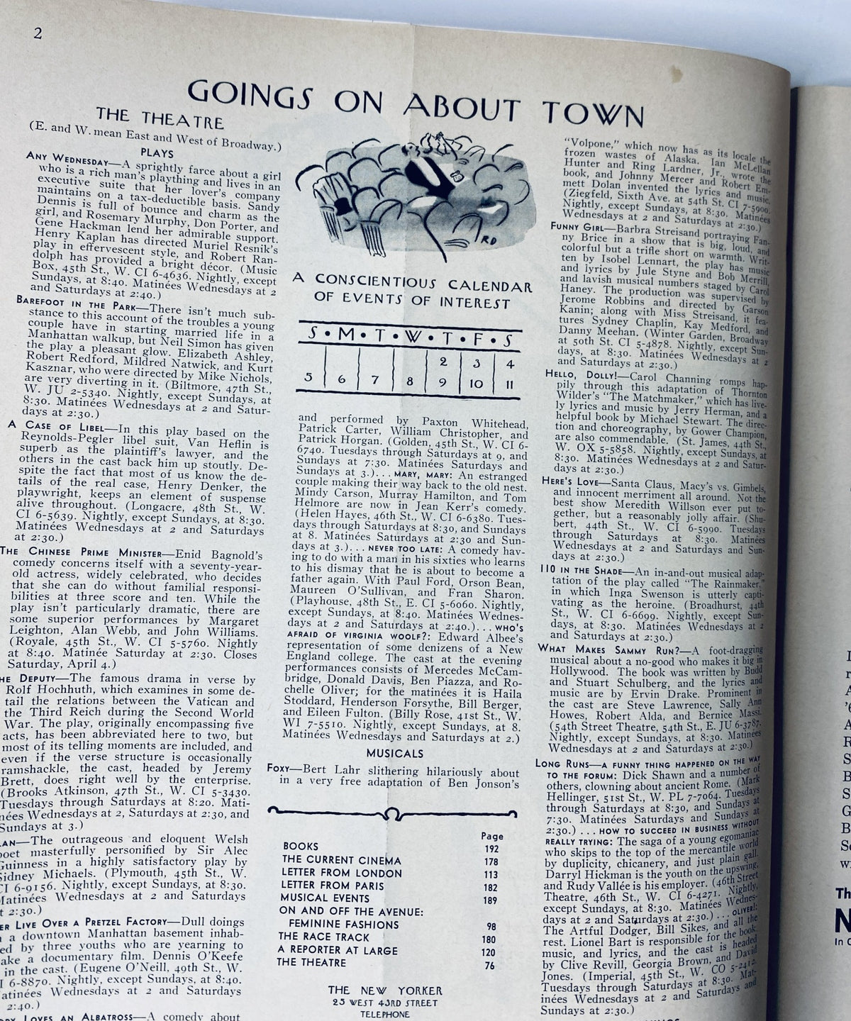 Interior page of The New Yorker Magazine listing events in 'Goings On About Town' with a focus on theatrical performances and cultural happenings.