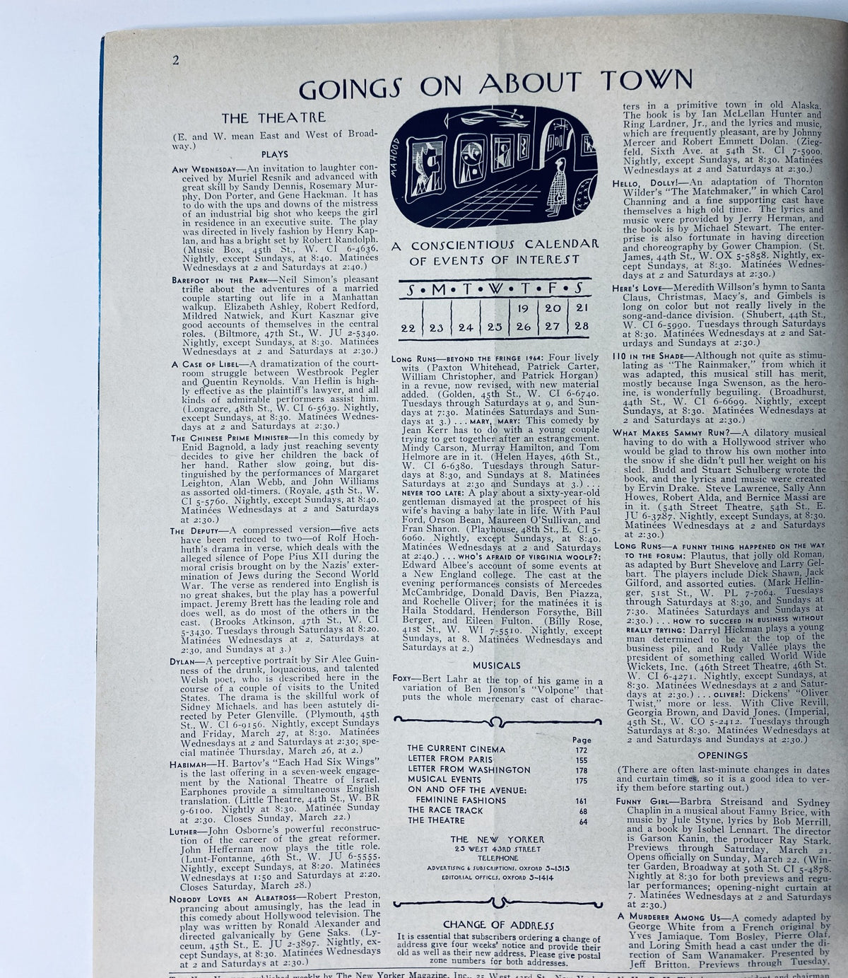 Interior page of The New Yorker Magazine March 21, 1964 detailing events and activities in New York City, showcasing a calendar of cultural happenings.