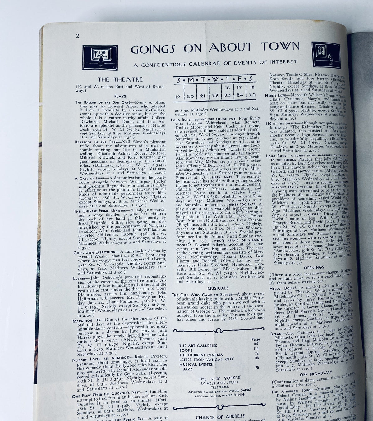 Page from The New Yorker Magazine January 18, 1964 featuring Goings On About Town section with a calendar of events including plays, musicals, and listings for cultural activities.