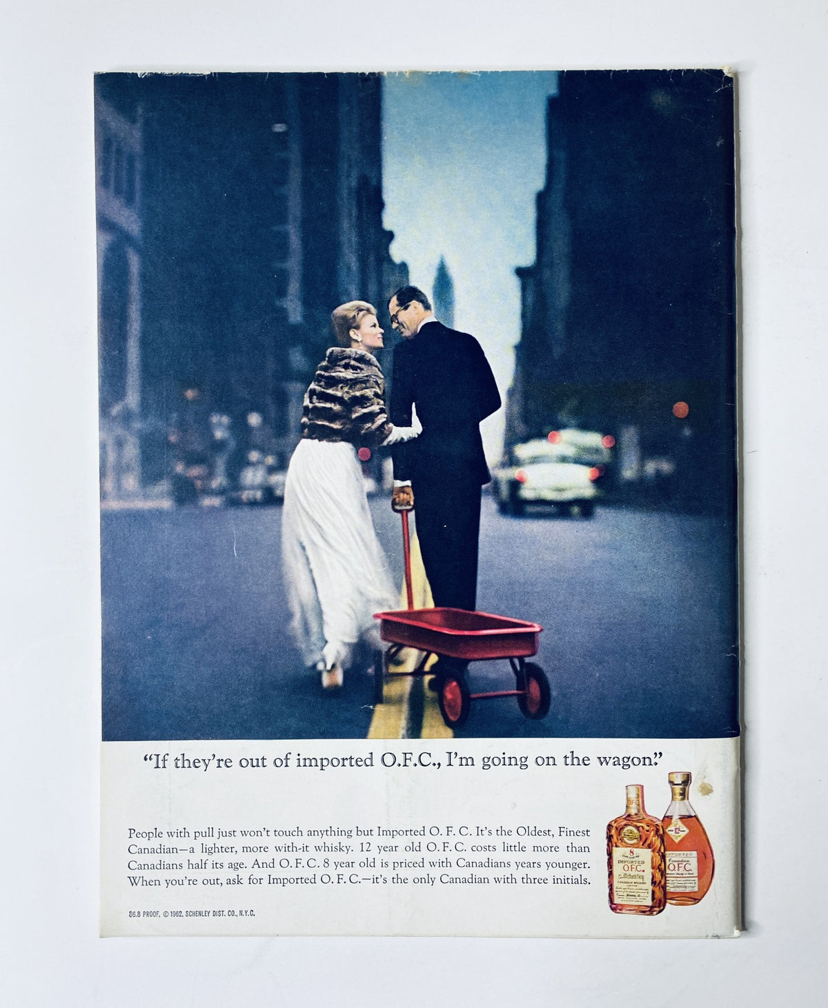 Advertisement from The New Yorker Magazine January 18, 1964, promoting O.F.C. whiskey with a stylish couple in an urban setting, showcasing vintage design elements and witty tagline.