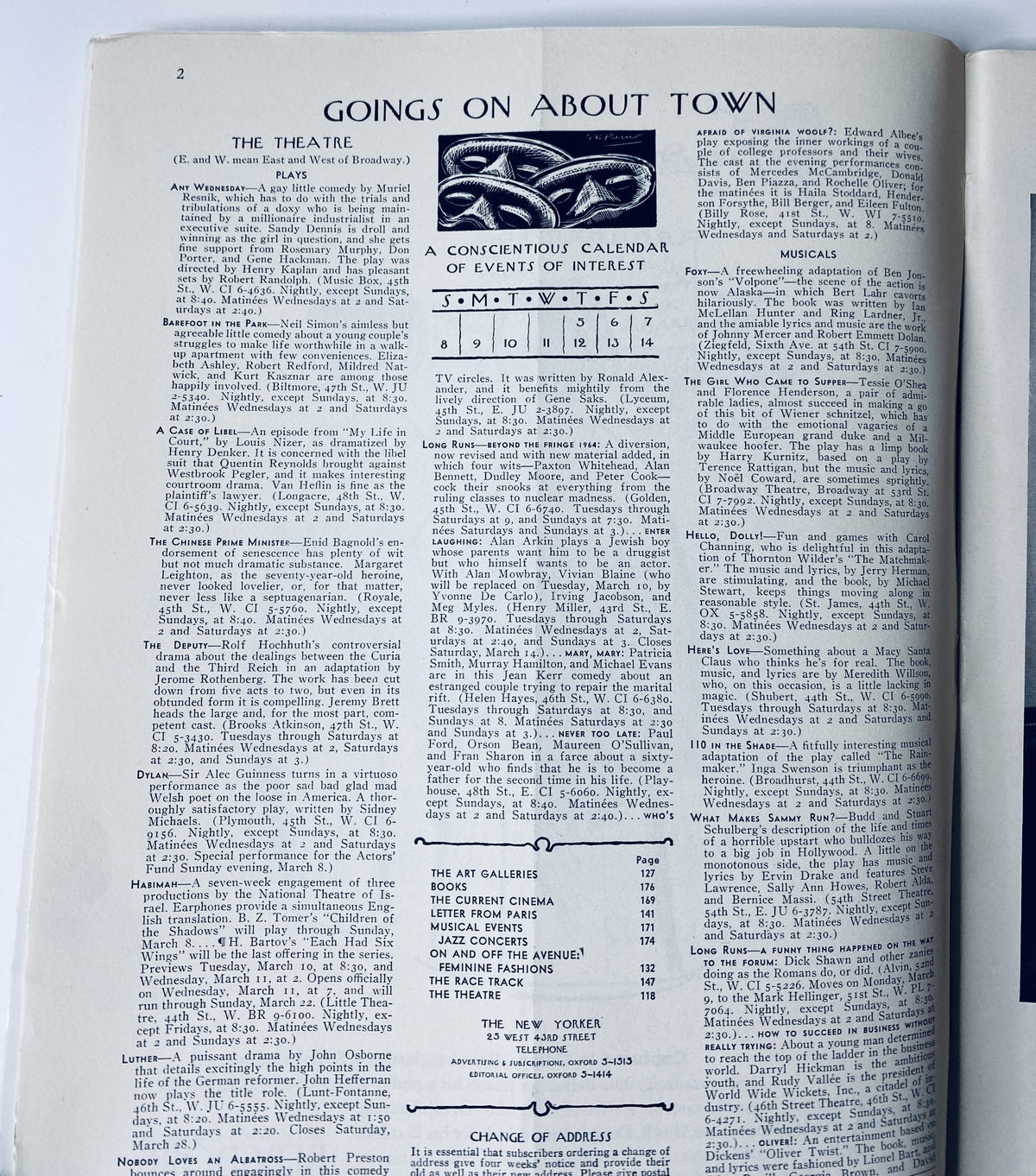Inside page of The New Yorker Magazine March 7, 1964, showcasing 'Goings On About Town' section, highlighting a calendar of events and activities.