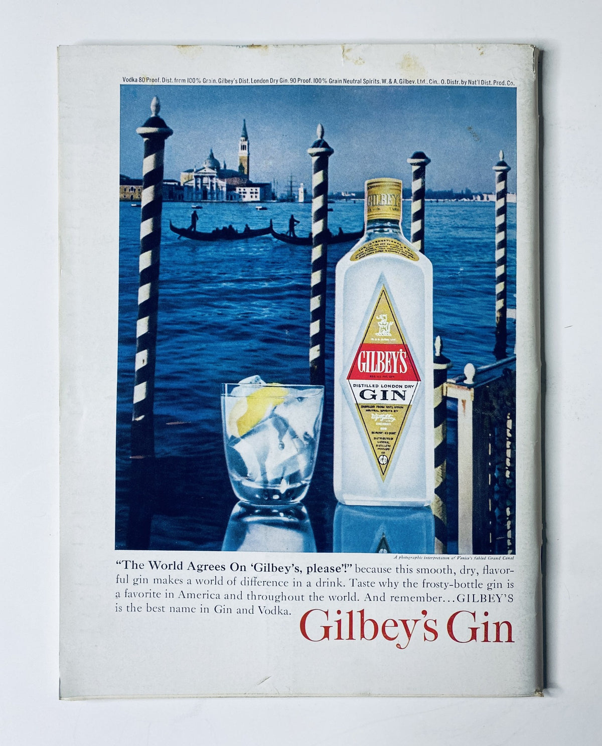 Advertisement for Gilbey's Gin in The New Yorker Magazine March 7, 1964, featuring a bottle of gin against a scenic Venetian backdrop.