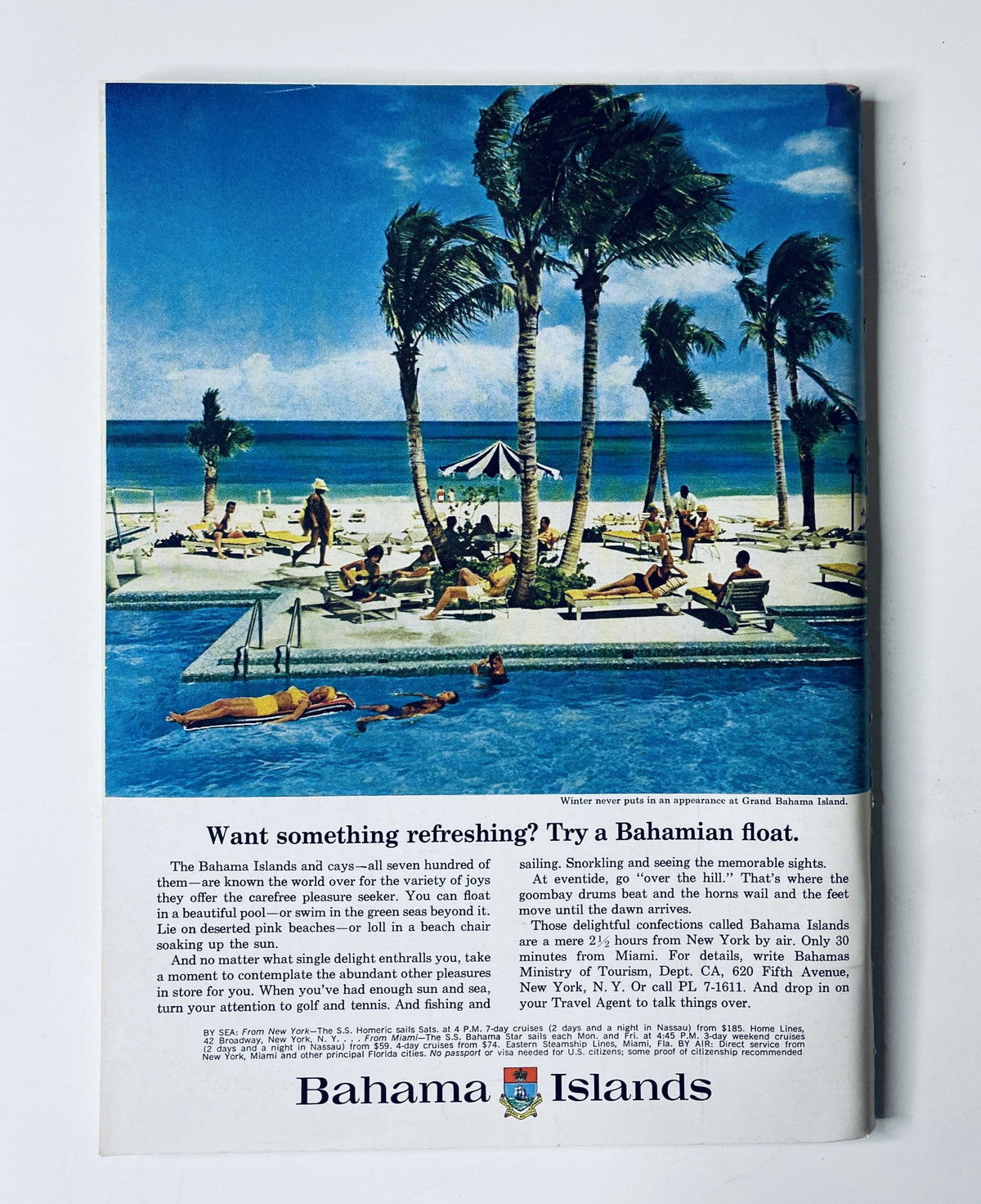 Advertisement for the Bahamas Islands in The New Yorker Magazine dated December 11, 1965 showcasing a beautiful beach scene with people relaxing and enjoying the sun. Title: The New Yorker Magazine December 11, 1965 Christmas Gifts Cover C. Martin VG.