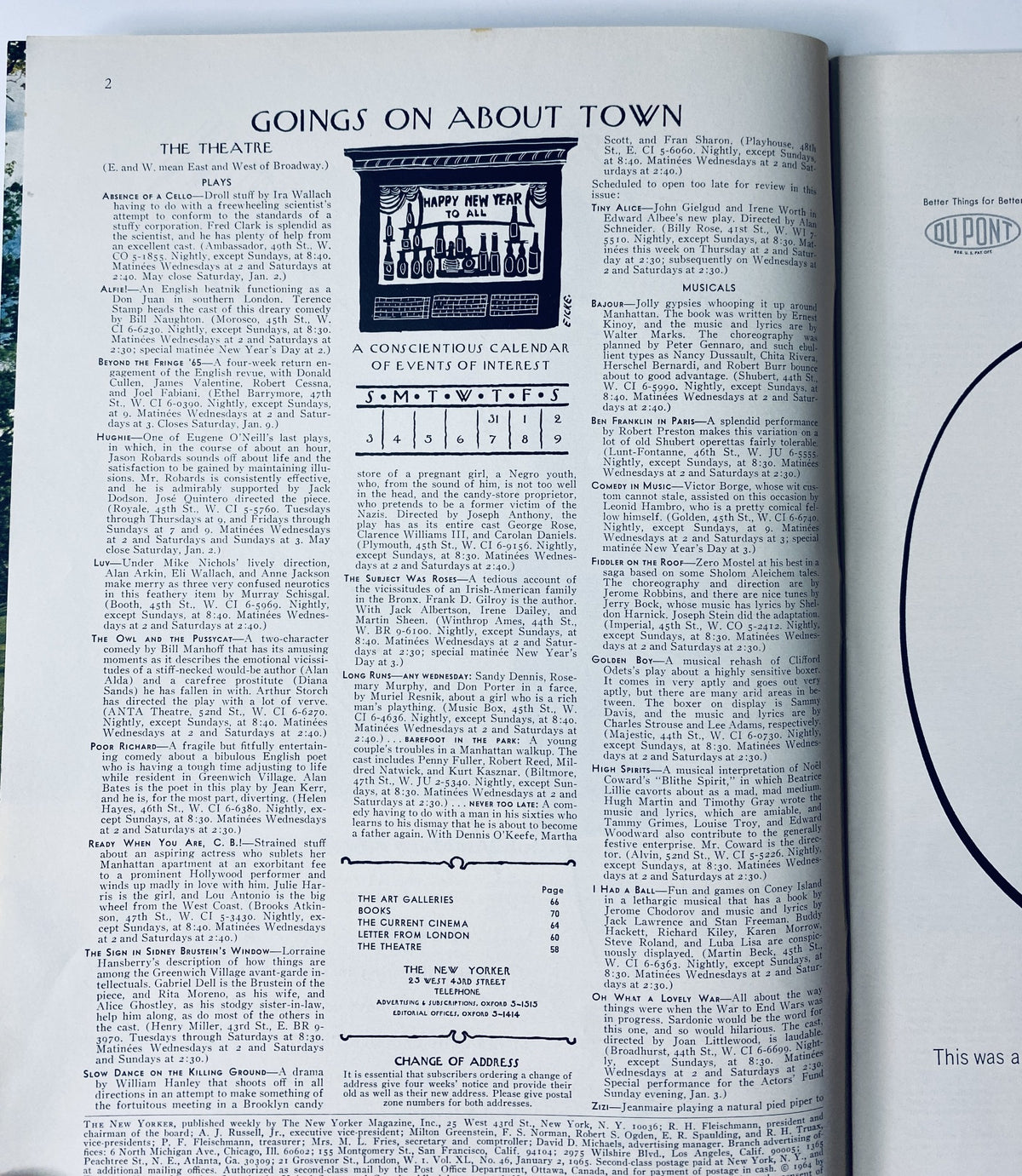 Goings on about town section from The New Yorker Magazine January 2, 1965, featuring event calendars and entertainment listings. The magazine is in very good condition with light edge wear.