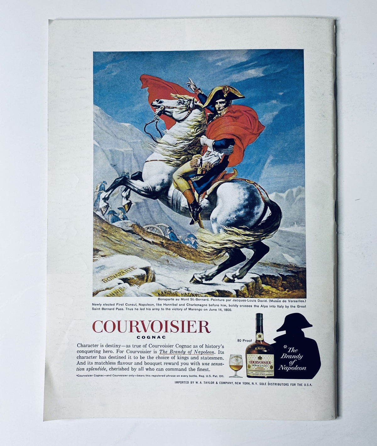 Vintage advertisement for Courvoisier Cognac from The New Yorker Magazine January 2, 1965, depicting Napoleon on horseback. The ad emphasizes the quality and historical significance of the drink.
