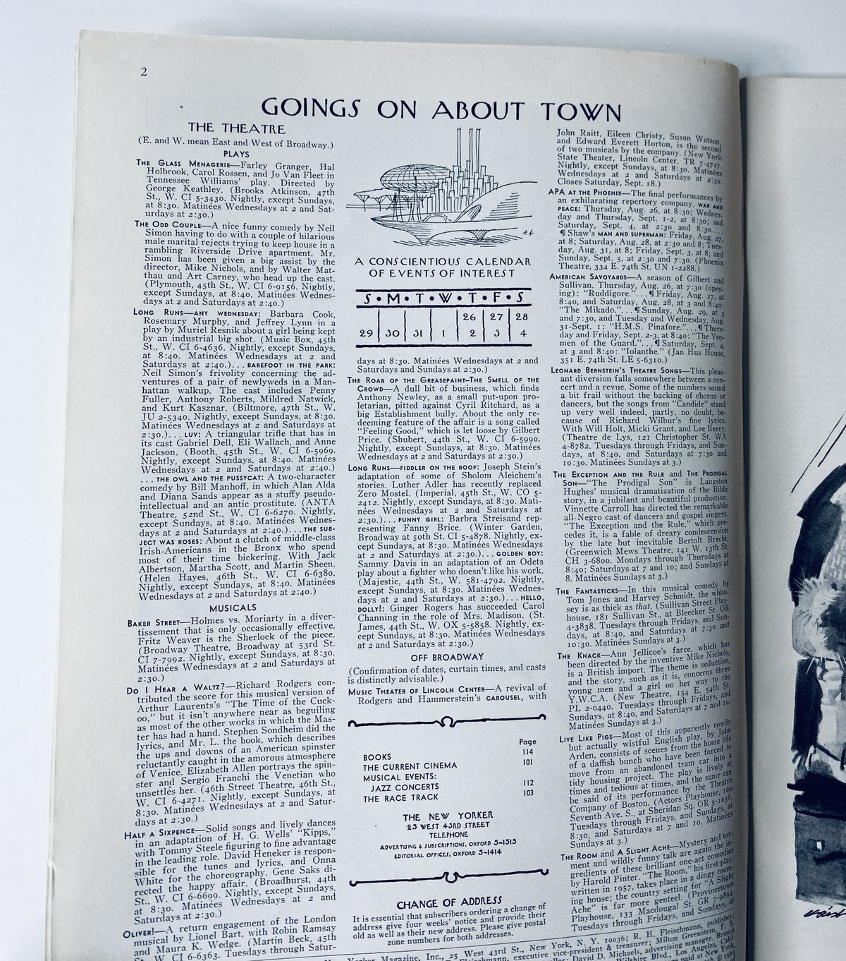Interior page of The New Yorker Magazine August 28, 1965 titled 'Goings On About Town' featuring a calendar of events and listings relevant to the theatre and city activities.