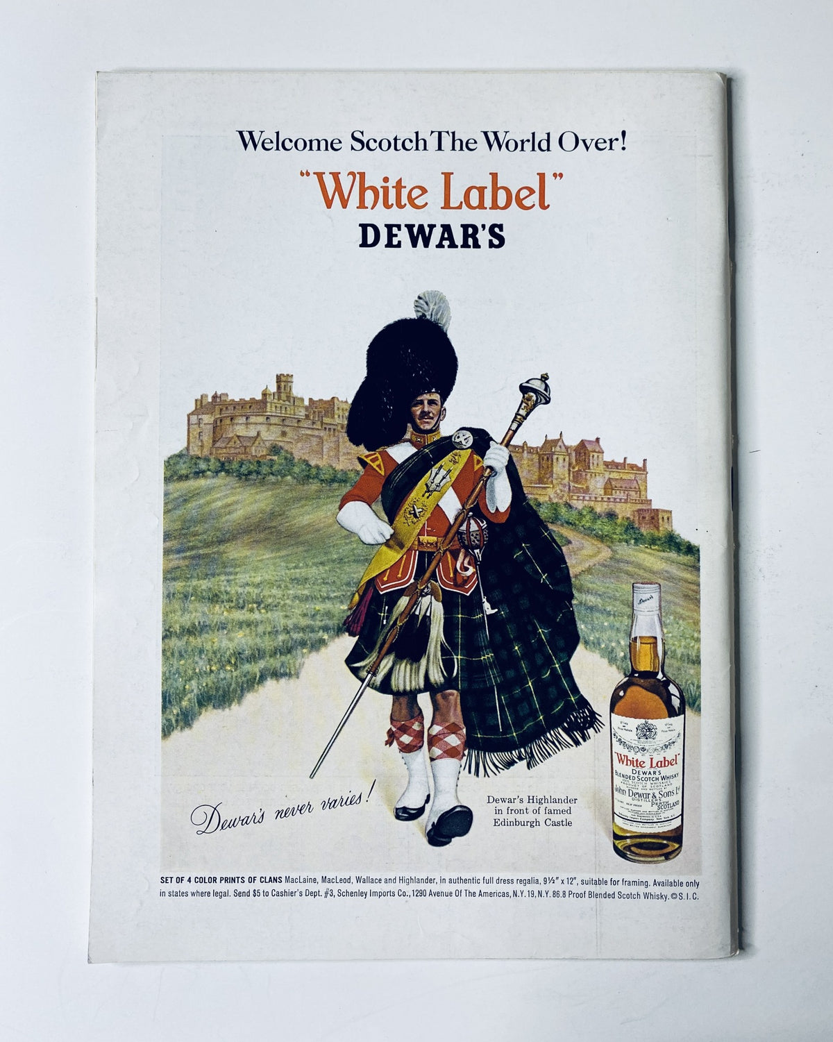 Back cover advertisement of The New Yorker Magazine August 28, 1965 promoting Dewar's Scotch with a Scottish Highlander, set against a picturesque castle backdrop.