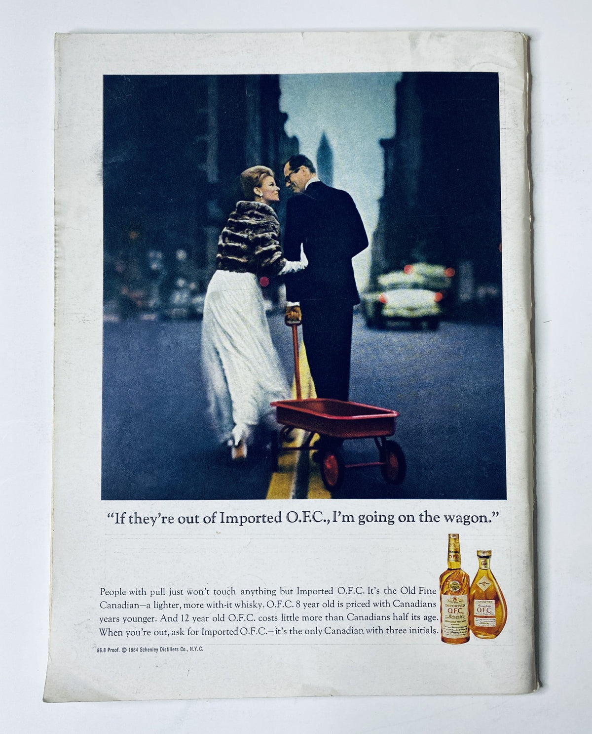 Advertisement from The New Yorker Magazine January 16, 1965, featuring a vintage image of a couple in formal attire, promoting Imported O.E.C. Canadian whisky.
