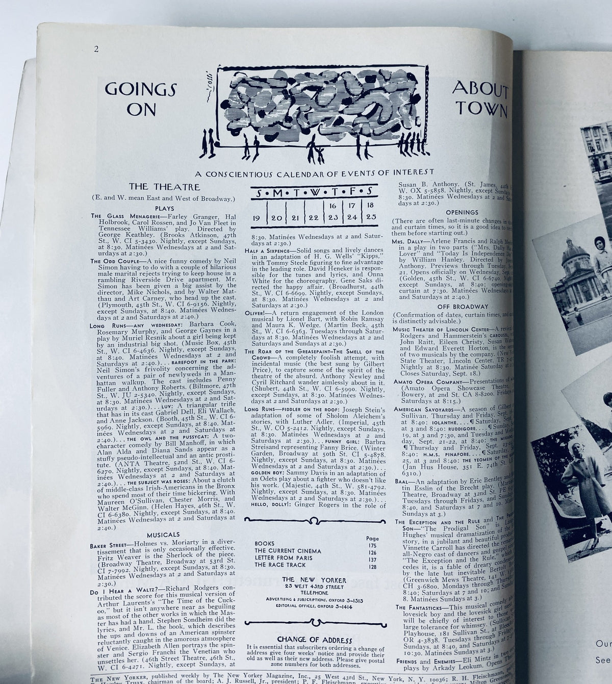 Interior page from The New Yorker Magazine September 18, 1965, displaying the 'Goings On About Town' section with a calendar of events.