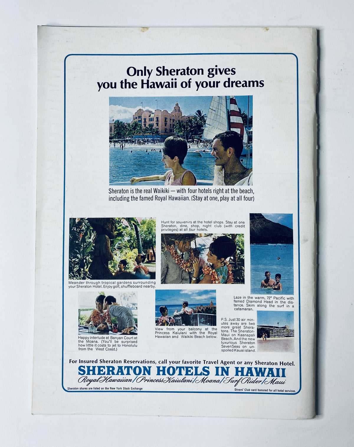 Back cover advertisement of The New Yorker Magazine January 9, 1965 promoting Sheraton Hotels in Hawaii with visuals of family vacation scenes and scenic backdrops.