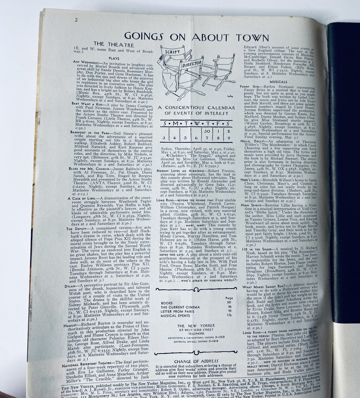 Inside page of The New Yorker Magazine May 2, 1964 detailing 'Goings On About Town', presenting a calendar of events and theatrical listings.