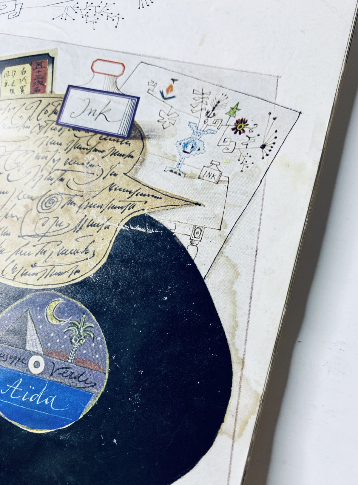 Close-up of the cover art from The New Yorker Magazine March 20, 1965, highlighting handwritten notes and a vinyl record collage by Saul Steinberg.