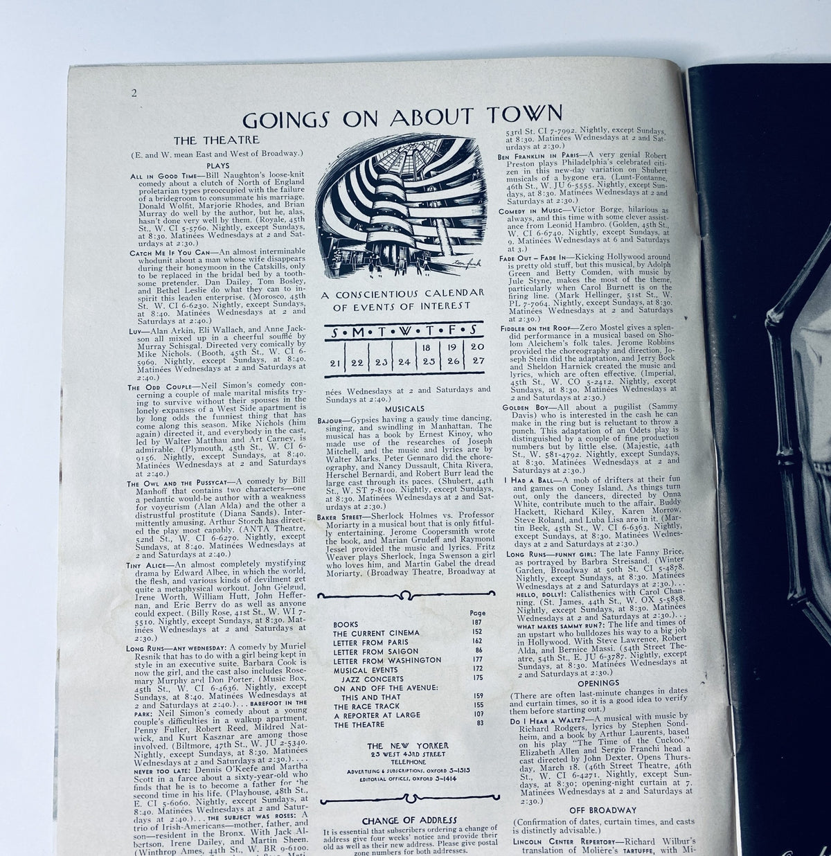 Interior page from The New Yorker Magazine March 20, 1965, featuring a calendar of events and cultural happenings in the theatre section.
