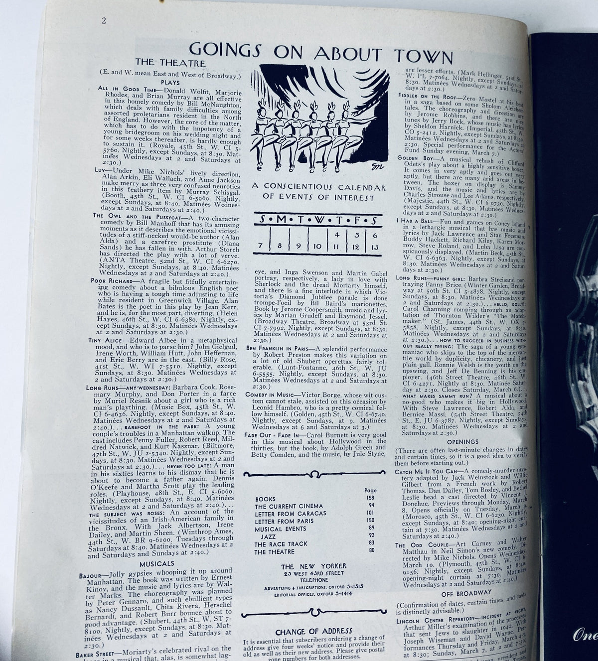 Inside page of The New Yorker Magazine March 6, 1965 showcasing the 'Goings On About Town' section, listing various theatrical events and cultural activities.