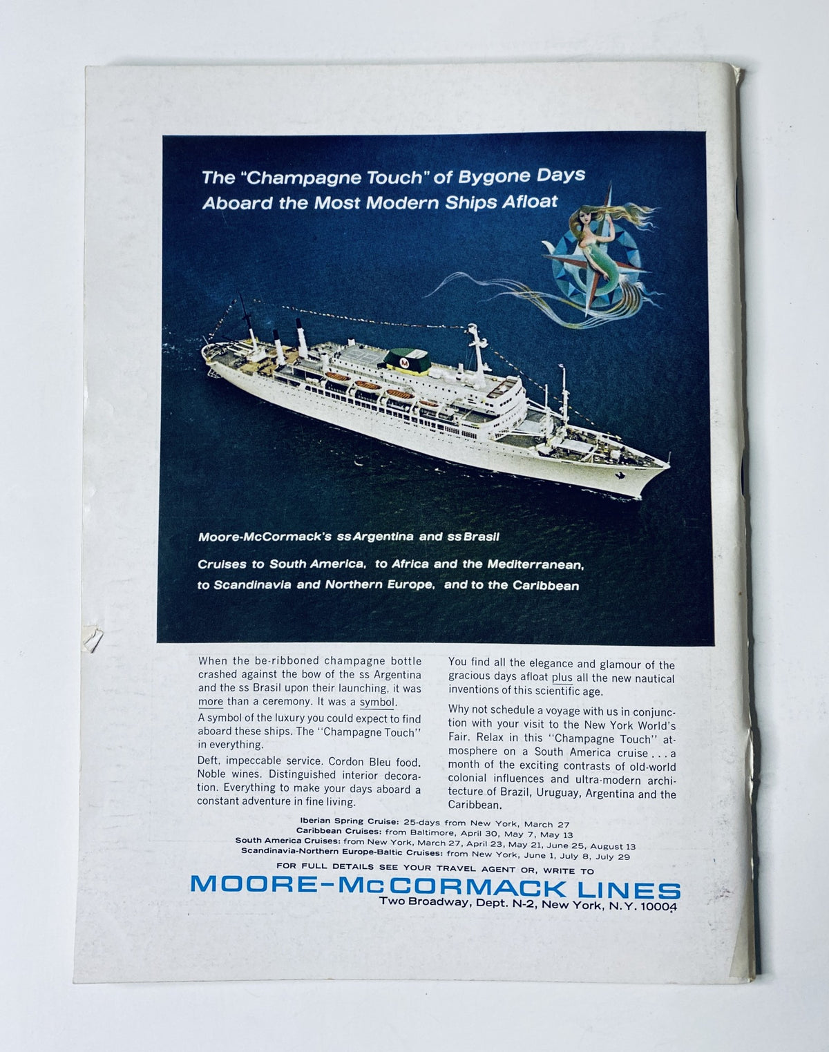 Vintage advertisement from Moore-McCormack Lines featuring 'The Champagne Touch' aboard modern ships. The ad illustrates a luxurious cruise experience to South America, Africa, and the Caribbean, paired with the original cover of The New Yorker Magazine February 27, 1965, showcasing winter landscape art by A. Getz.