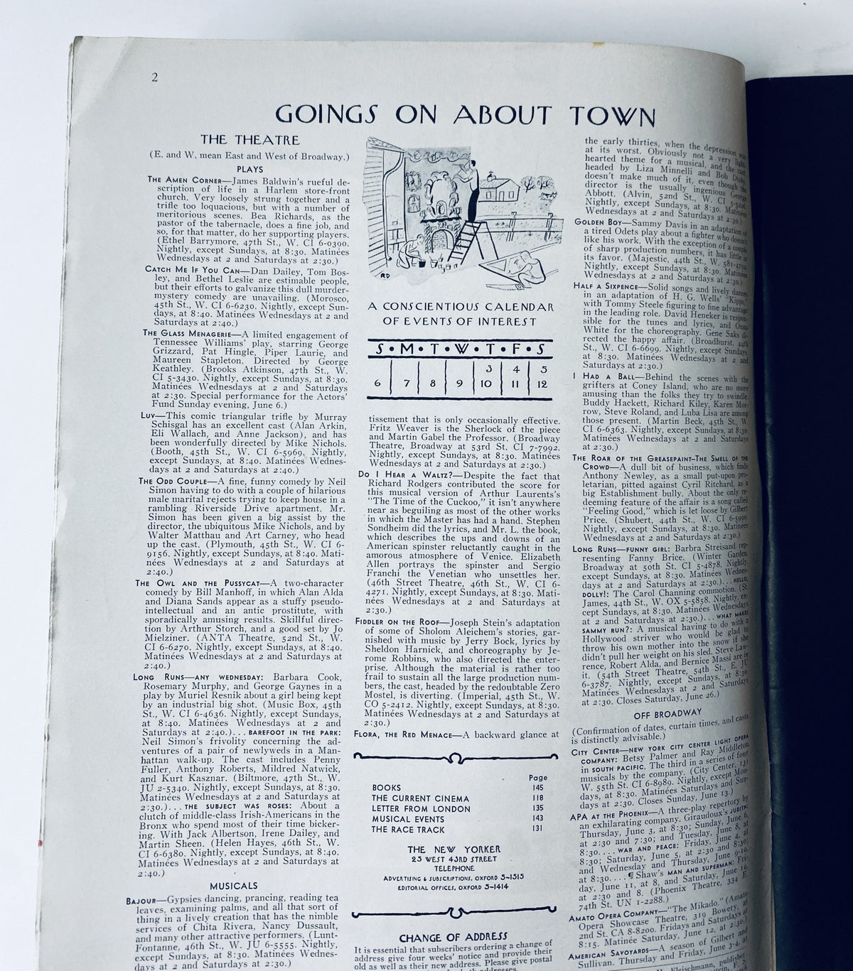 Interior page of The New Yorker Magazine June 5, 1965, titled 'Goings On About Town,' featuring a calendar of events and entertainment listings, providing insights into New York's cultural scene.