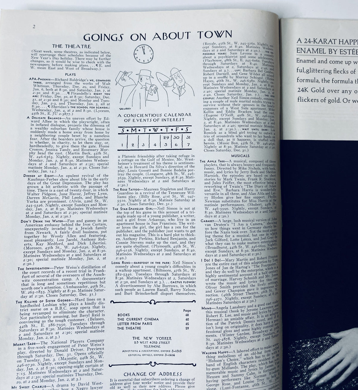 Inside page of The New Yorker Magazine December 31, 1966 showing the article 'Goings on About Town', providing a calendar of events and activities in a classic magazine layout.