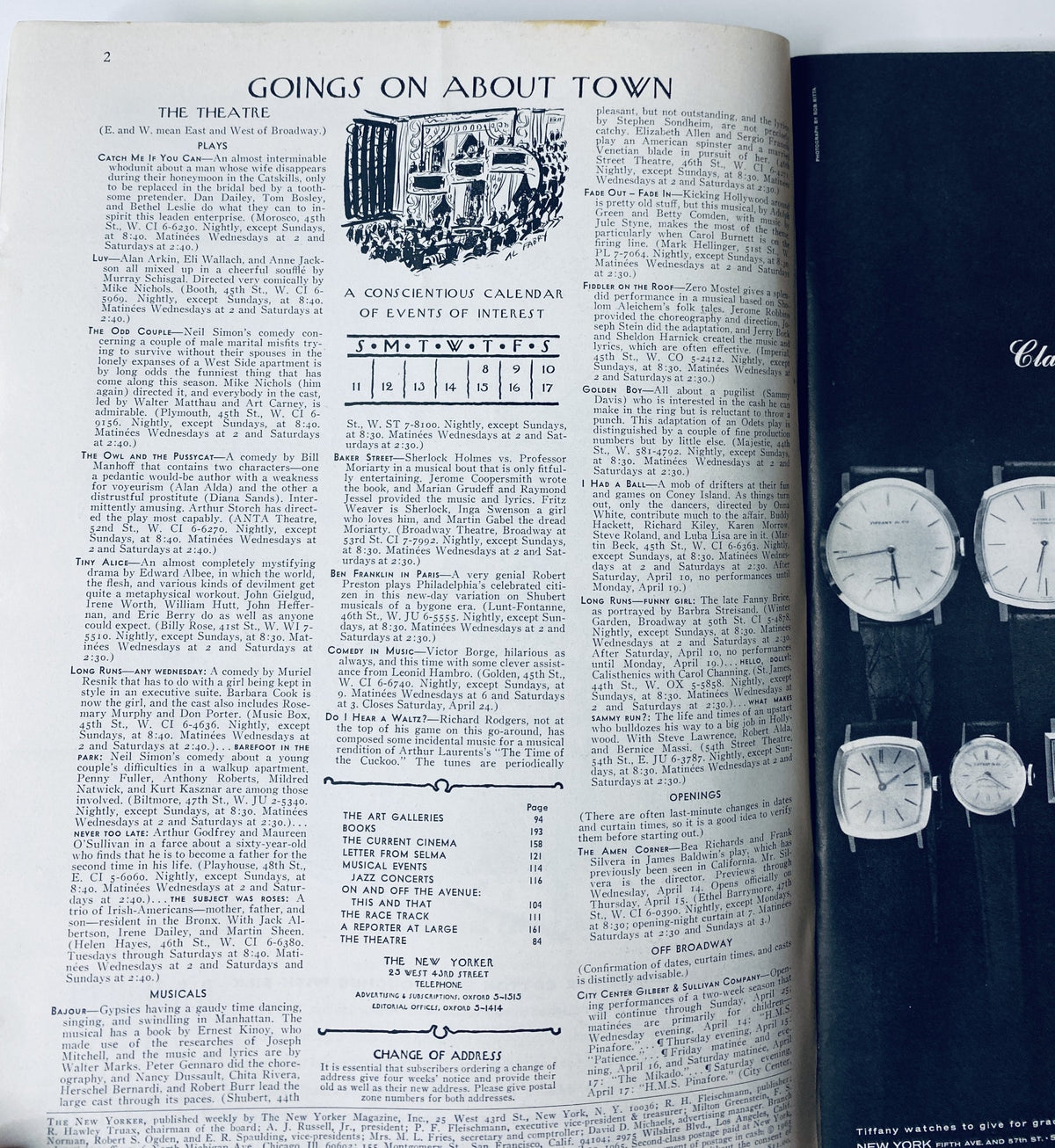 Interior page of The New Yorker Magazine April 10, 1965 displaying the 'Goings On About Town' section with a calendar of events and theater listings.