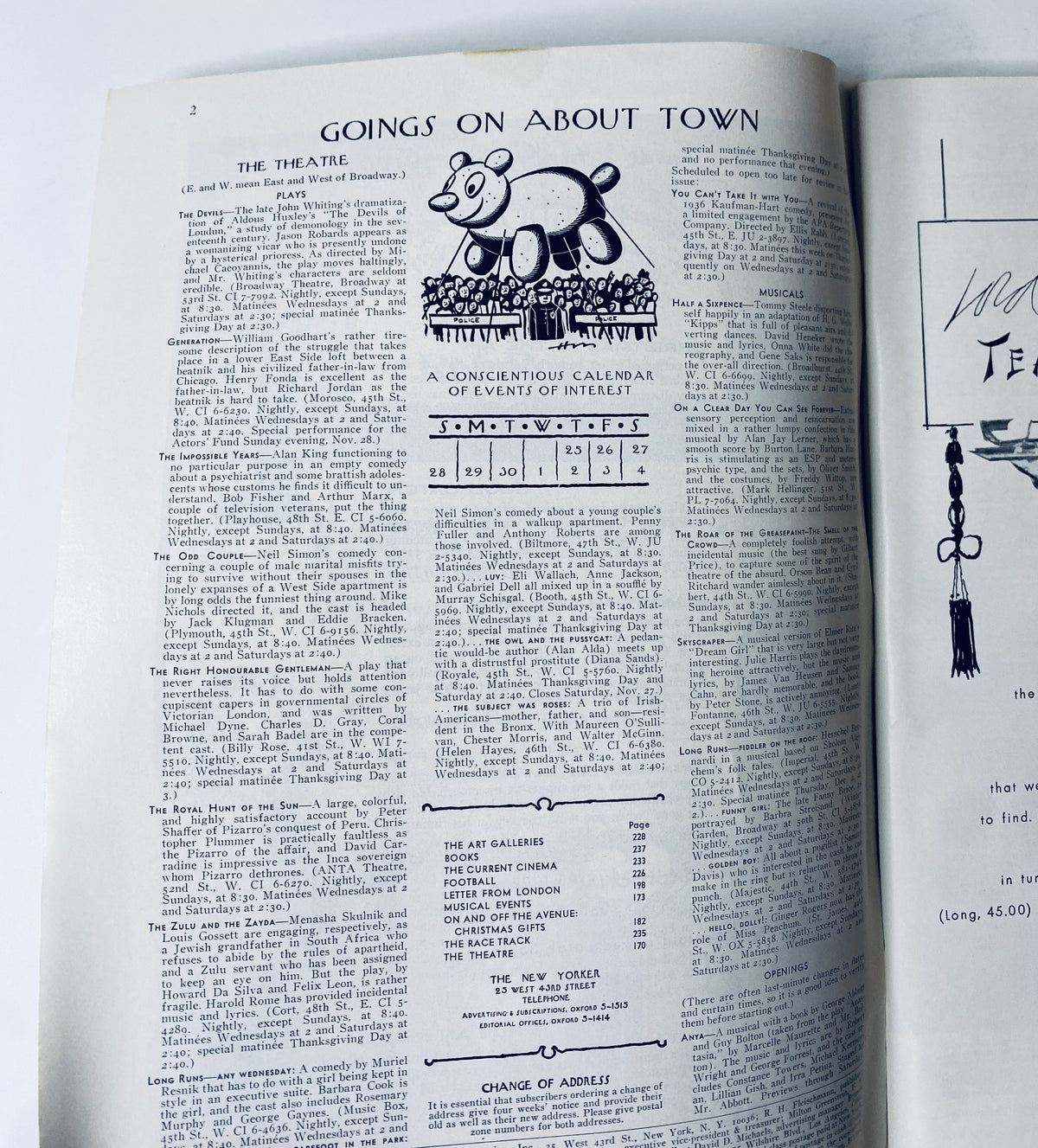 Inside page of The New Yorker magazine from November 27, 1965, showcasing a calendar of events titled 'Goings On About Town' accompanied by a playful illustration of a sheep.