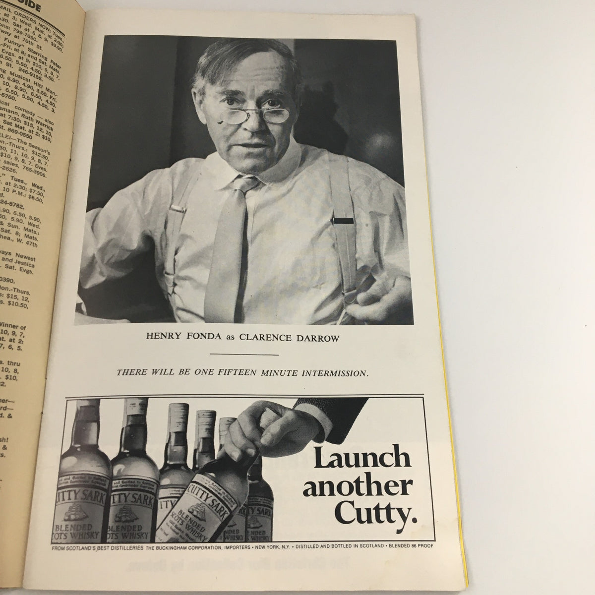 Page from the 1974 Playbill for 'Clarence Darrow' displaying Henry Fonda in character, with an advertisement below promoting a beverage, providing historical context of the production.